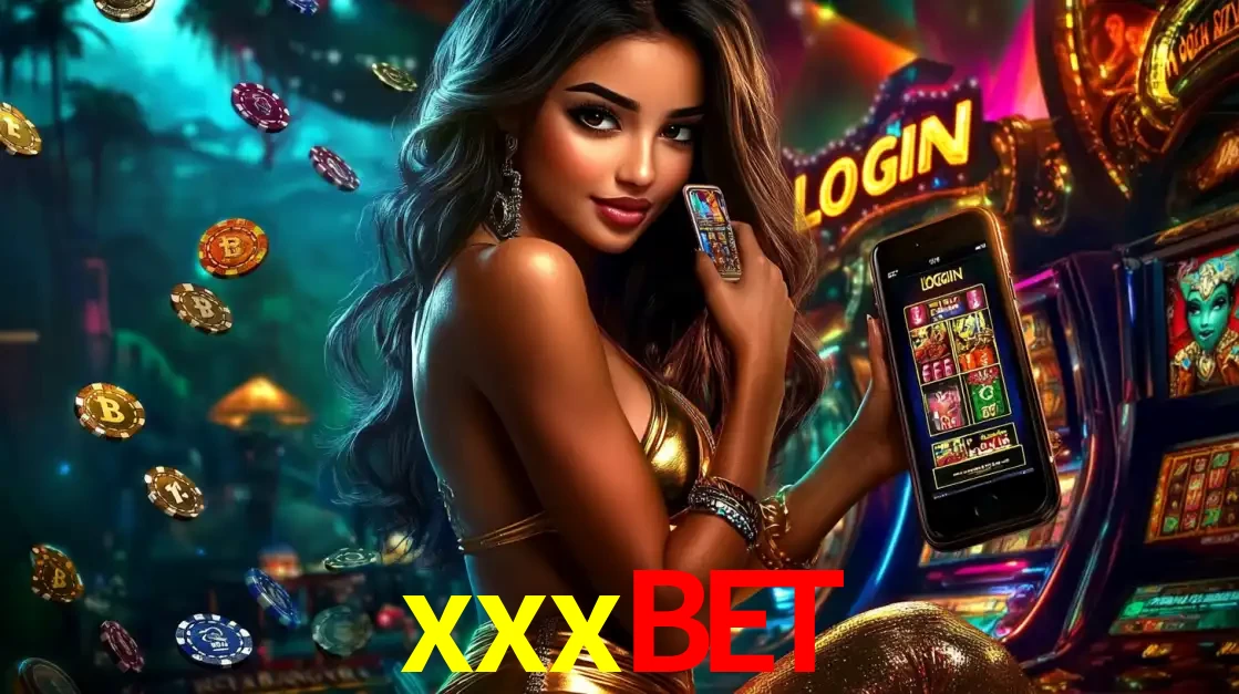 Mulher em um cenário de cassino temático de aventura, mostrando o app de caça-níqueis da xxxbet no celular. Fichas de apostas flutuam ao redor.