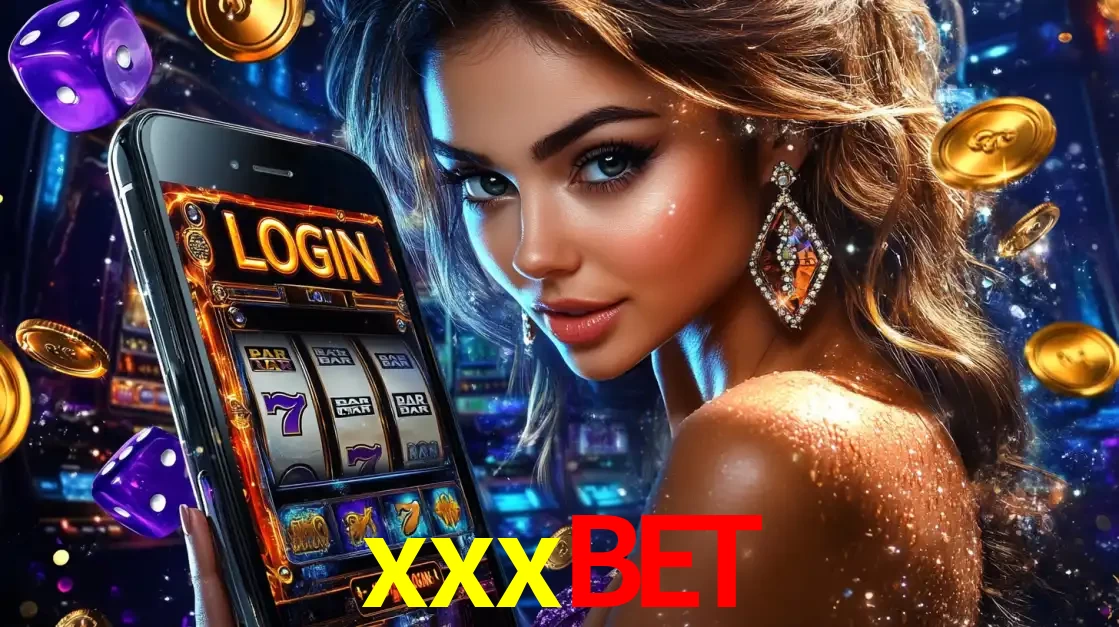 Mulher glamorosa segurando um smartphone com a tela de login para os jogos de caça-níqueis do cassino online xxxbet, com moedas de ouro e dados ao redor.