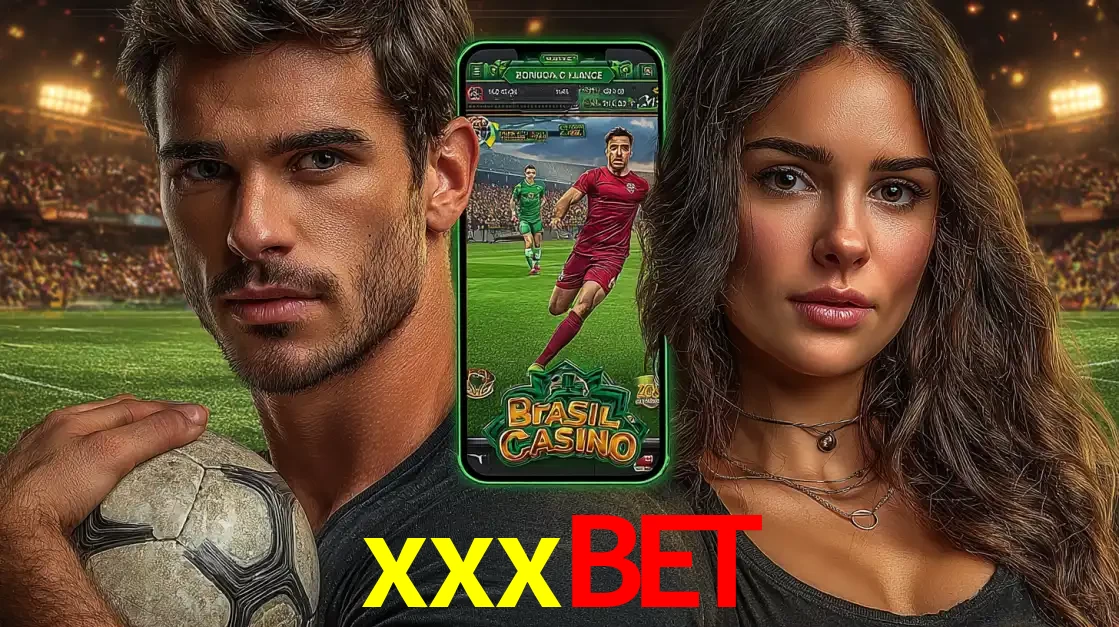 Homem segurando uma bola de futebol e uma mulher ao lado de um smartphone exibindo o jogo de apostas esportivas da xxxbet. Faça seu palpite no cassino online.